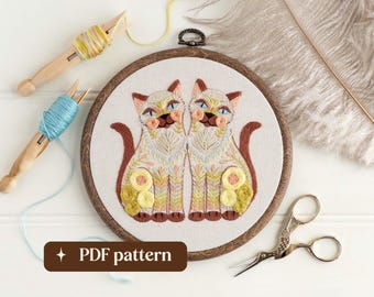 Gemini twin cats hand embroidery pattern, Floral zodiac design, DIY 6-inch hoop art (PDF download)