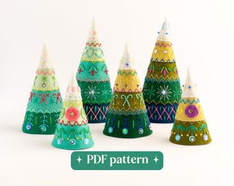 Felt Christmas trees embroidery pattern, Set of six folk-inspired DIY holiday ornaments (PDF download)