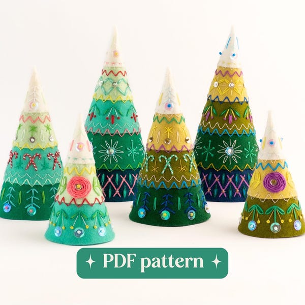 Felt Christmas trees embroidery pattern, Set of six folk-inspired DIY holiday ornaments (PDF download)