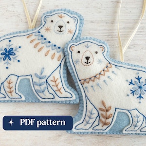 Felt polar bears embroidery pattern, Two folk-inspired DIY hanging ornaments (PDF download)