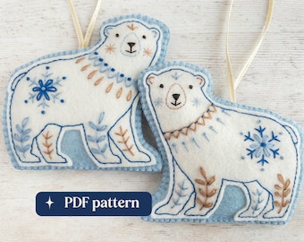 Felt polar bears embroidery pattern, Two folk-inspired DIY hanging ornaments (PDF download)