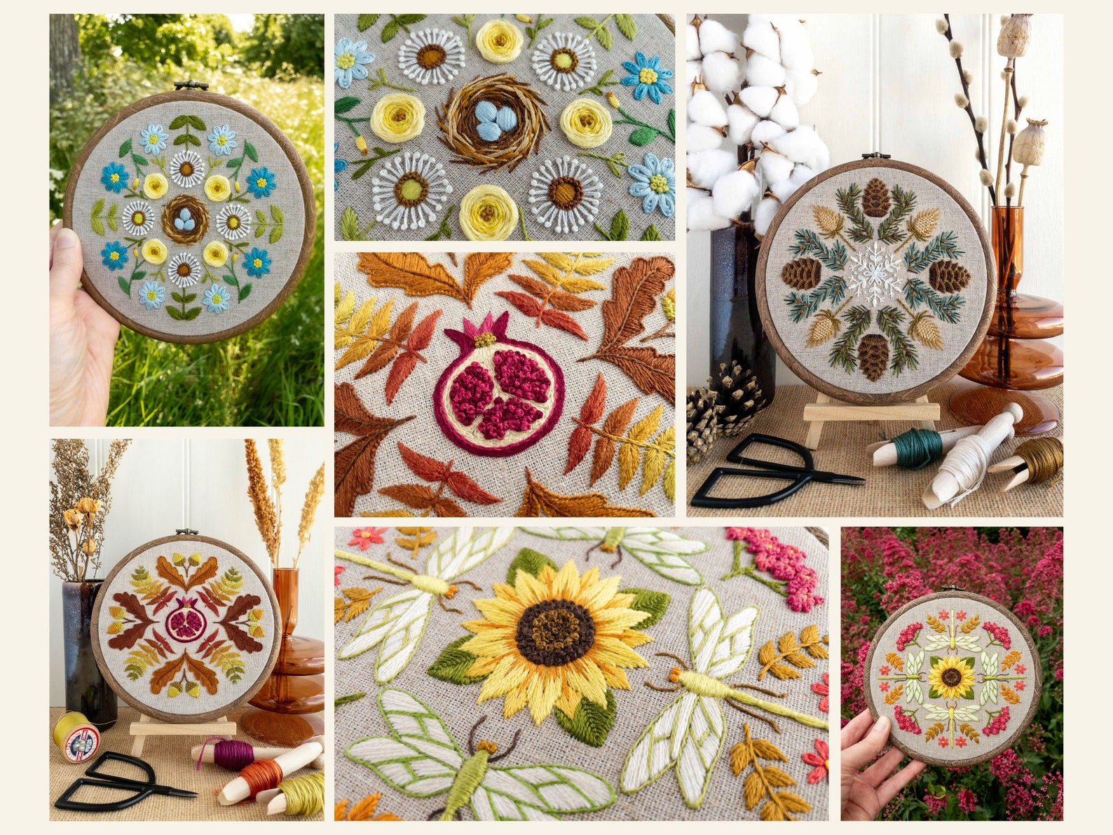 Four Seasons Hand Embroidery Pattern Bundle, Botanical Wreath Samplers ...