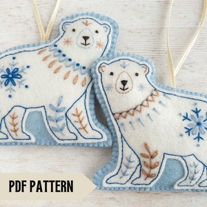 Felt polar bears embroidery pattern, DIY Holiday ornaments, Wool felt Christmas tree decorations, PDF sewing pattern for two polar bears