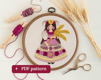Virgo hand embroidery pattern, Folk-inspired zodiac design, DIY 6-inch hoop art (PDF download)