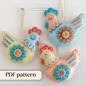 Embroidered felt chickens PDF pattern, DIY Easter ornaments set, Three folk hen decorations, Instant download hand embroidery pattern image 1