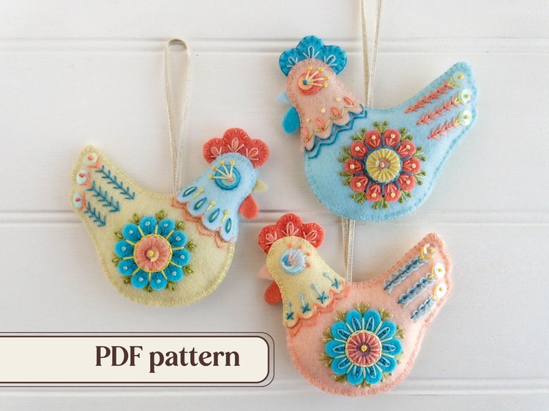 Embroidered felt chickens PDF pattern, DIY Easter ornaments set, Three folk hen decorations, Instant download hand embroidery pattern image 1