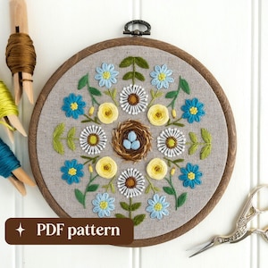 Spring sampler hand embroidery pattern, Seasonal wreath design, DIY 6-inch hoop art (PDF download)