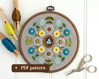 Spring sampler hand embroidery pattern, Seasonal wreath design, DIY 6-inch hoop art (PDF download)