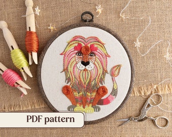 Leo the lion embroidery pattern PDF, Star sign hand embroidery project, Lion embroidery design, Digital download