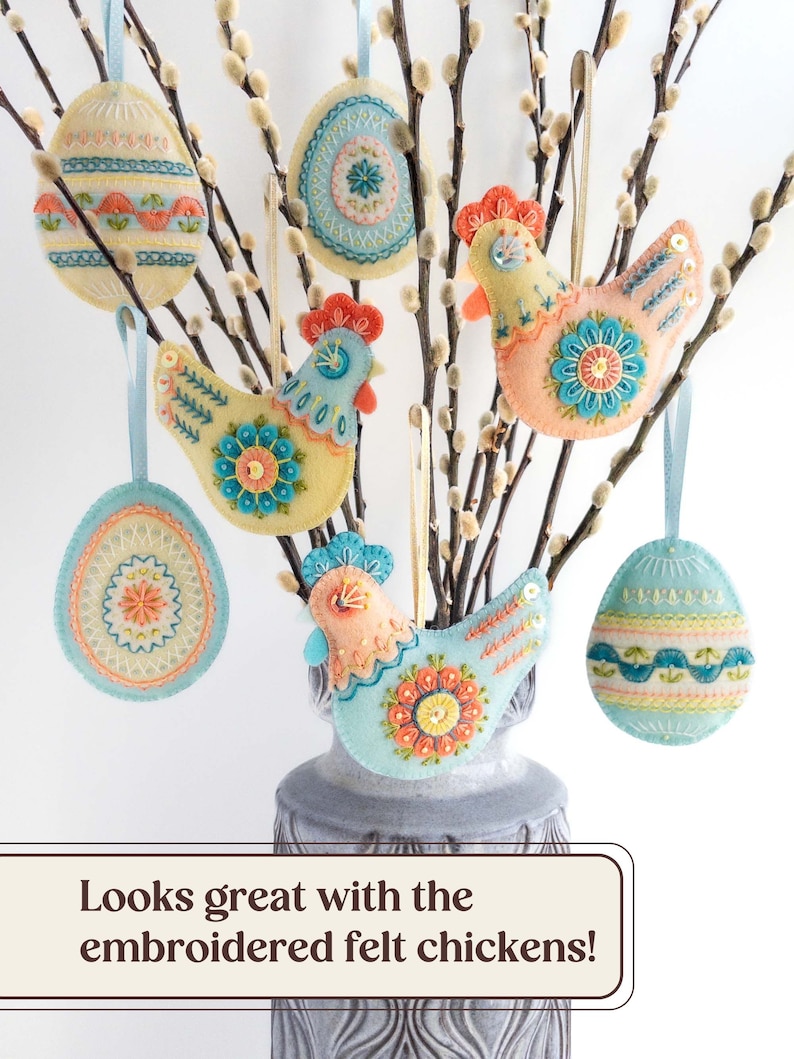 Embroidered felt Easter eggs, PDF pattern, Easter egg ornaments set, Easter craft, Hand embroidered wool felt decorations, DIY Easter gift image 7