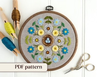 Spring sampler embroidery pattern, Floral hand embroidery, Spring flowers with bird’s nest design,  Spring mandala embroidery pattern PDF