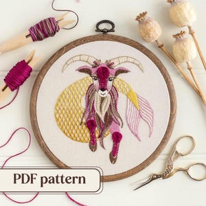 Capricorn hand embroidery pattern, Zodiac design by The Hoop in Hand, 6-inch hoop art, DIY birthday gift, Instant download PDF