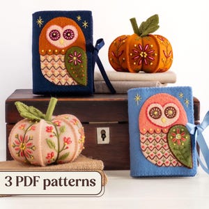 May include: The image showcases three felt items: two owl-themed notebooks and two decorative pumpkins. The notebooks are blue with owl appliques, and the pumpkins are orange and pink, all with embroidered details. The text "3 PDF patterns" is visible.