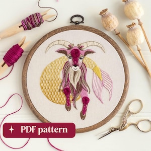 Handborduurpatroon Steenbok, op folk geïnspireerd sterrenbeeldontwerp, doe-het-zelf hoepelkunst van 6 inch (pdf-download)