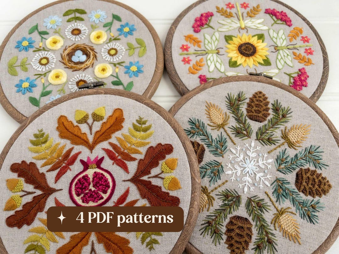 Four Seasons Hand Embroidery Pattern Bundle, Botanical Wreath Samplers ...