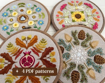 Four seasons hand embroidery pattern bundle, Botanical wreath samplers, DIY 6-inch hoop art (4 PDF downloads)