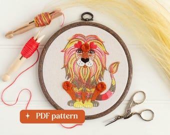 Leo the lion hand embroidery pattern, Folk-inspired zodiac design, DIY 6-inch hoop art (PDF download)