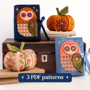 フェルト製のフクロウの針帳とカボチャのピンクッションの型紙セット、DIY手刺繍ウールフェルト製裁縫アクセサリー（PDFファイル3点ダウンロード）