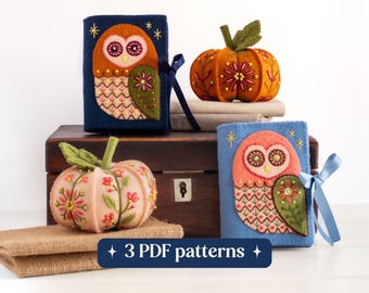 Felt owl needle book and pumpkin pin pincushions pattern bundle, DIY hand-embroidered wool felt sewing accessories (3 PDF downloads)