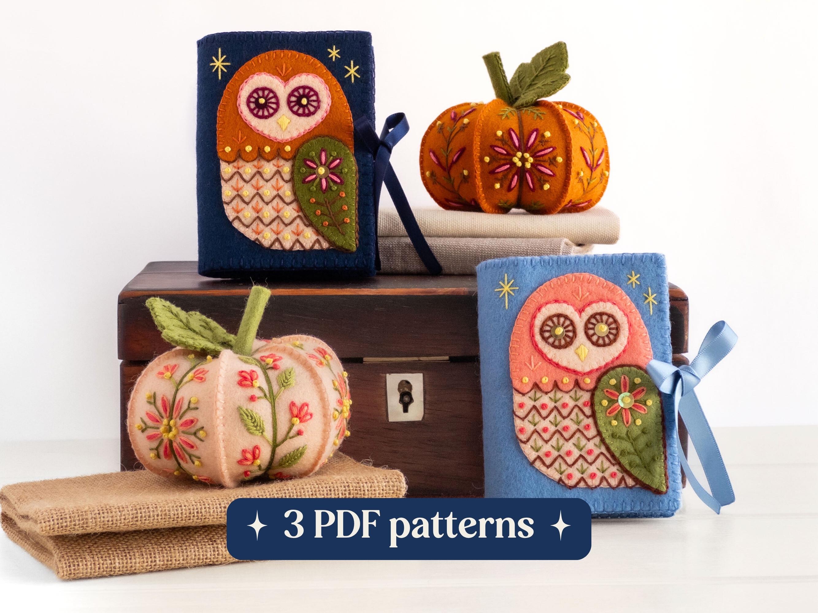Felt owl needle book and pumpkin pin pincushions pattern bundle, DIY hand-embroidered wool felt sewi