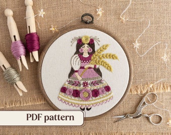 Virgo hand embroidery PDF pattern, Folk-inspired embroidery, Autumn craft project, Zodiac embroidery design