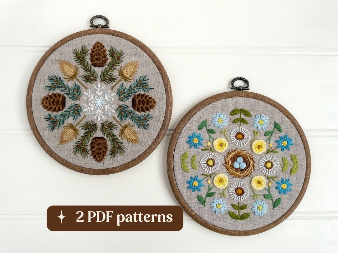 Winter and Spring Hand Embroidery Pattern Bundle, Botanical Wreath ...