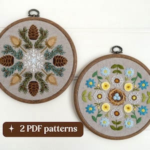 Winter and spring hand embroidery pattern bundle, Botanical wreath samplers, DIY 6-inch hoop art (2 PDF downloads)