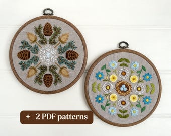 Winter and spring hand embroidery pattern bundle, Botanical wreath samplers, DIY 6-inch hoop art (2 PDF downloads)
