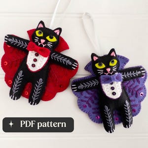 Felt vampire cats embroidery pattern, Two DIY Halloween ornaments (PDF download)