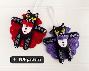 Felt vampire cats embroidery pattern, Two DIY Halloween ornaments (PDF download)