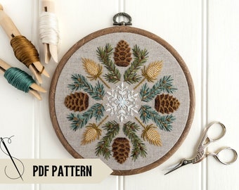 Winter hand embroidery pattern, Winter sampler PDF pattern, Winter wreath embroidery design, DIY Christmas décor, Step-by-step instructions