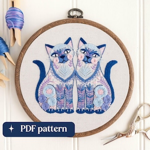 Floral cats hand embroidery pattern, Vintage-inspired design, DIY 6-inch hoop art (PDF Download)