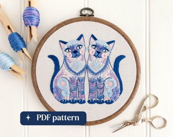 Floral cats hand embroidery pattern, Vintage-inspired design, DIY 6-inch hoop art (PDF Download)