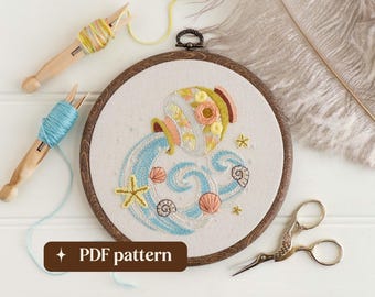 Aquarius hand embroidery pattern, Boho-style zodiac design, DIY 6-inch hoop art (PDF download)