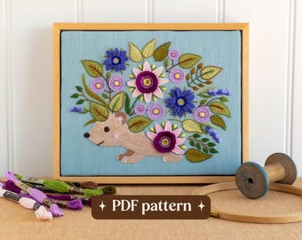 Floral hedgehog hand embroidery pattern, Whimsical animal DIY wall art (PDF download)