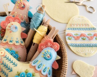 フェルトで作るニワトリの刺繍パターン、DIY吊り下げオーナメント3点