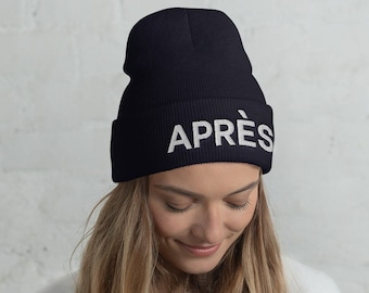 Après winter Beanie in White 3D Puff Embroidery, Apres ski, winter hats, women&#39;s hat, Ski hat, ski gifts, beanie hat, gifts for her, holiday