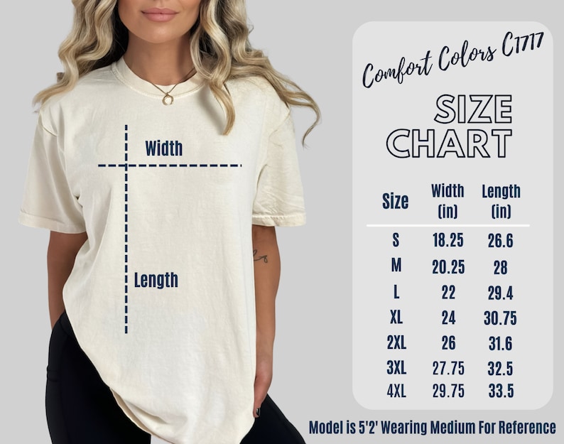 Może przedstawiać: Tabela rozmiar&oacute;w dla koszulki z wymiarami w calach. Tabela pokazuje szerokość i długość koszulki w rozmiarach S, M, L, XL, 2XL, 3XL i 4XL. Modelka ma 1,57 m wzrostu i nosi rozmiar M jako punkt odniesienia.
