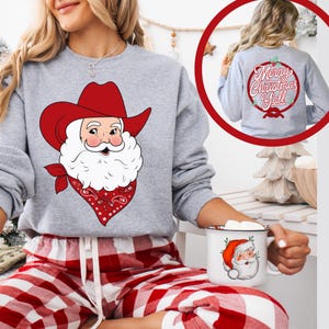 Sudadera de vaquero con Papá Noel, Feliz Navidad para todos, Navidad campestre y occidental, camiseta navideña para mujer, cuello redondo navideño, camiseta de Papá Noel, regalos