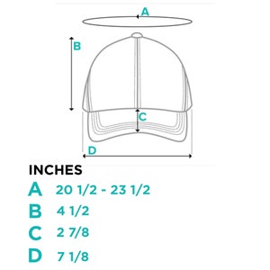 Pode incluir: Um diagrama que mostra as medidas de um bon&eacute; de beisebol em polegadas. As medidas s&atilde;o rotuladas como A, B, C e D. A &eacute; de 20 1/2 a 23 1/2 polegadas, B &eacute; de 4 1/2 polegadas, C &eacute; de 2 7/8 polegadas e D &eacute; de 7 1/8 polegadas.