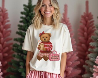 Santa's Favorite Shirt, Preppy Bear pullover, Women's Holiday Graphic Tee Crewneck, Holiday Bow T-Shirt, Christmas gift, Comfort Colors