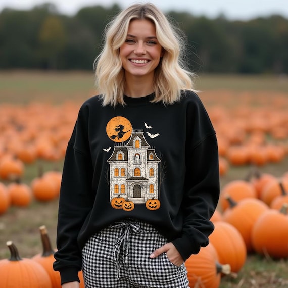 Haunted House Halloween Sweatshirt, Women's Spooky Season Crewneck, Ghost Pumpkin Witch Fall Shirt, Cozy Fall Sweatshirt, Halloween Shirt