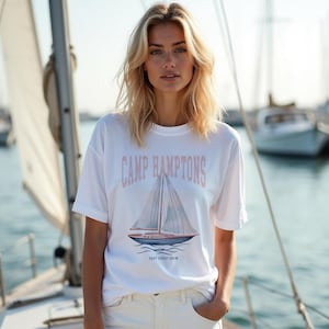 Camp Hamptons Sailboat T-shirt, Preppy Nautical Shirt, Womens Summer Beach Pullover, Coastal Sailing Shirt, Vacation Shirt, Comfort Colors