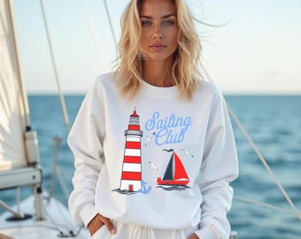Nantucket Sailing Sweatshirt, Nautical Lighthouse Crewneck, Coastal Yacht Club Style