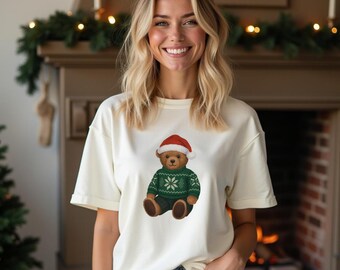 Christmas Bear Shirt, Women's Preppy Holiday Crewneck Graphic Tee, Classic Christmas Teddy Shirt, Comfort Colors