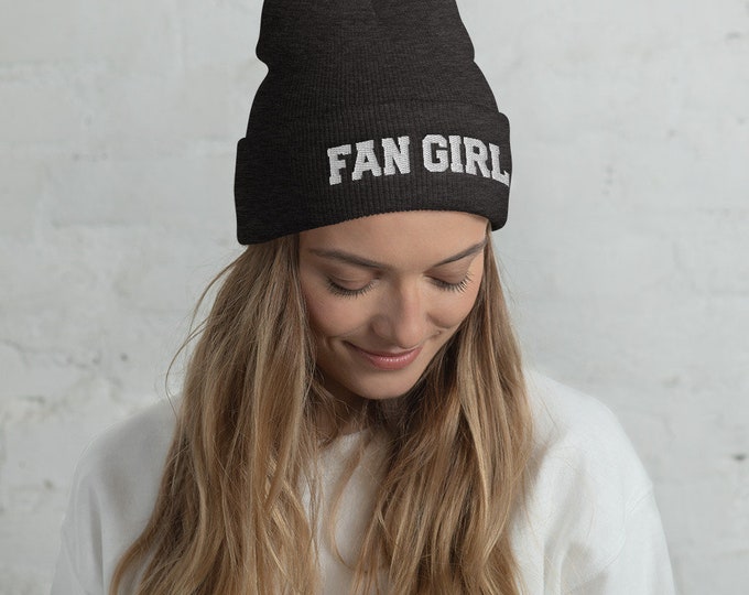 White Embroidered Fan Girl Cuffed Beanie, football hats, beanies, winter hat, beanies for women, fan girl, sports fan, gameday, trendy hats