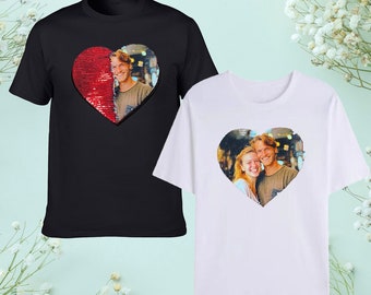 Custom Flip Sequin Shirt, Portrait Heart Sequin Shirt, Sparkling Sequin Shirt with Photo, Shining Sequin Shirt, Unisex Sequin Shirt