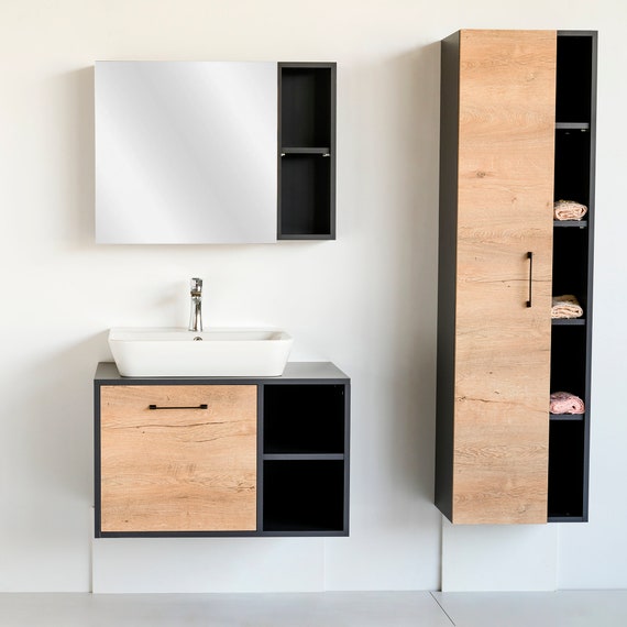 32 Inch LATTE Floating Anthracite Light Oak Single Sink Bathroom