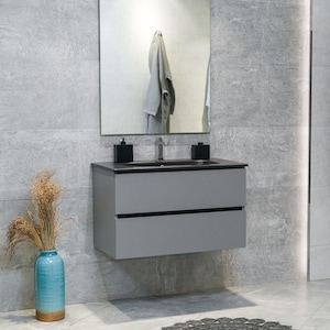 32 inch VENETO Floating Matte Dust Gray Single Sink Bathroom Vanity with Black Porcelain Countertop