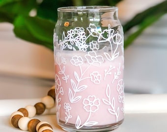 Glass Coffee Cup, Beer Glass Cup, Floral Glass Can, Soda Glass Cup, Glass Tumbler, Iced Coffee Glass, Cute Glass Cup